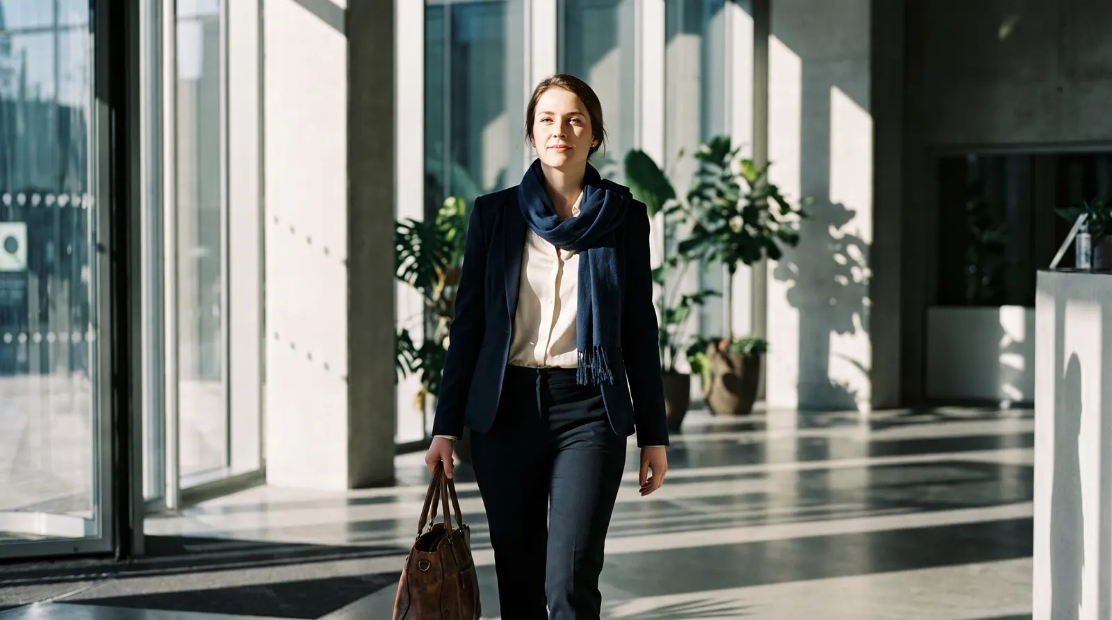 Candidate arriving for a job interview in a bright, modern office lobby