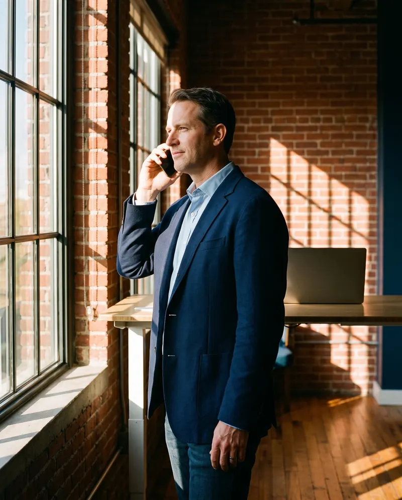 Recruiting agency owner on a phone call with a client in a sunlit Austin loft office